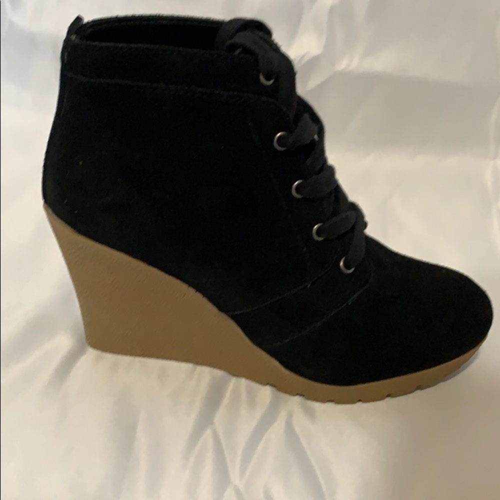 MIA Annita Black Suede Lace-up Ankle Wedge Boots